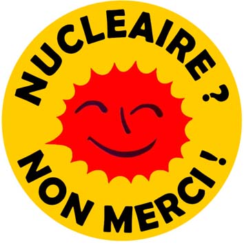 « Nucléaire ? Non merci ! », autocollant de 1975 contre l'énergie nucléaire sous copyright et utilisation restreinte TM. Ce logo est la représentation graphique d'une marque déposée